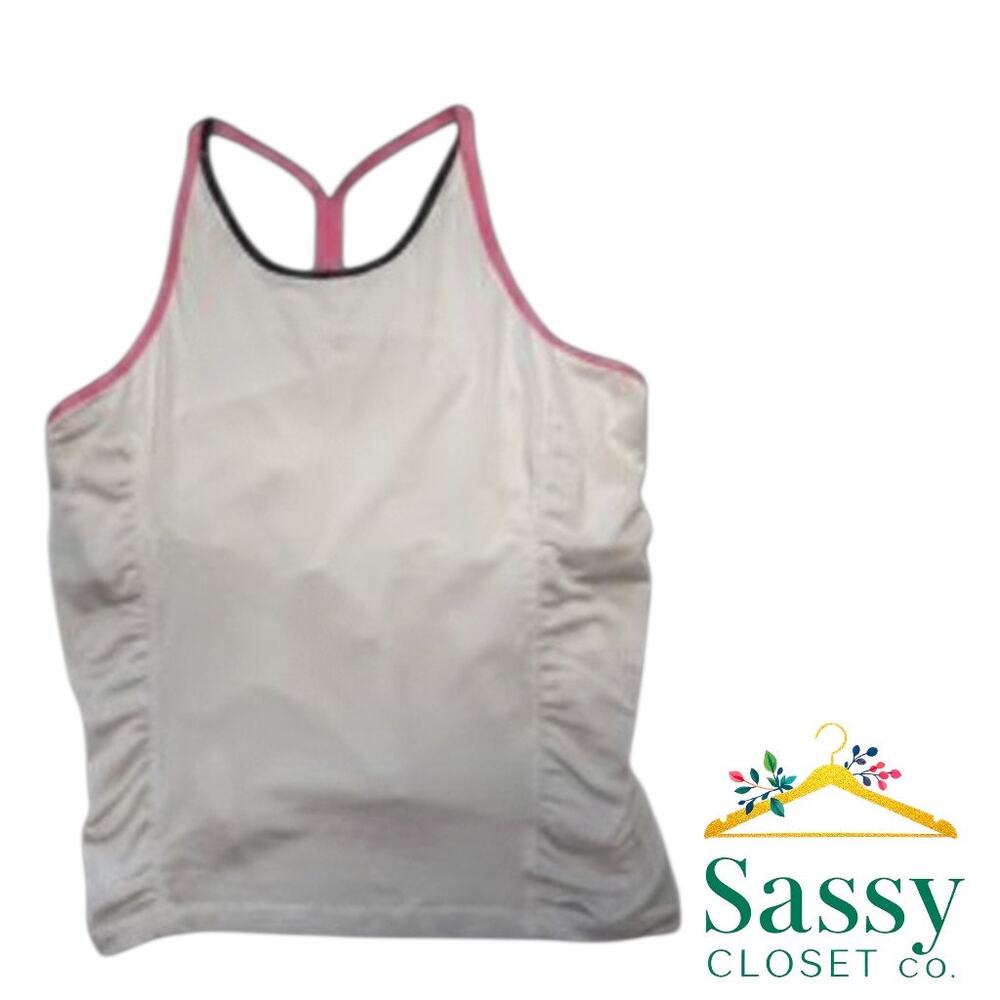 LUCKY IN LOVE White Ruched Tennis Tank Top L Strappy Halter Bra EUC